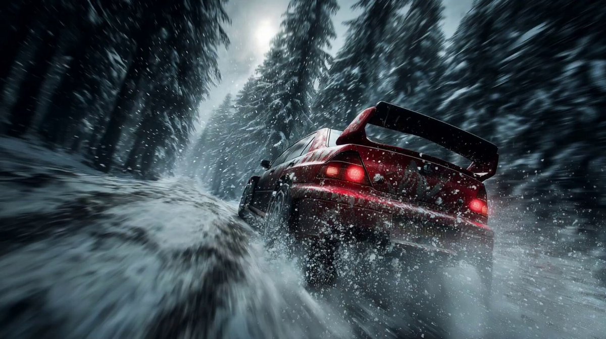 High-Speed Rally Car Chase: Intense AI Image to Video Animation in Snowy Forest