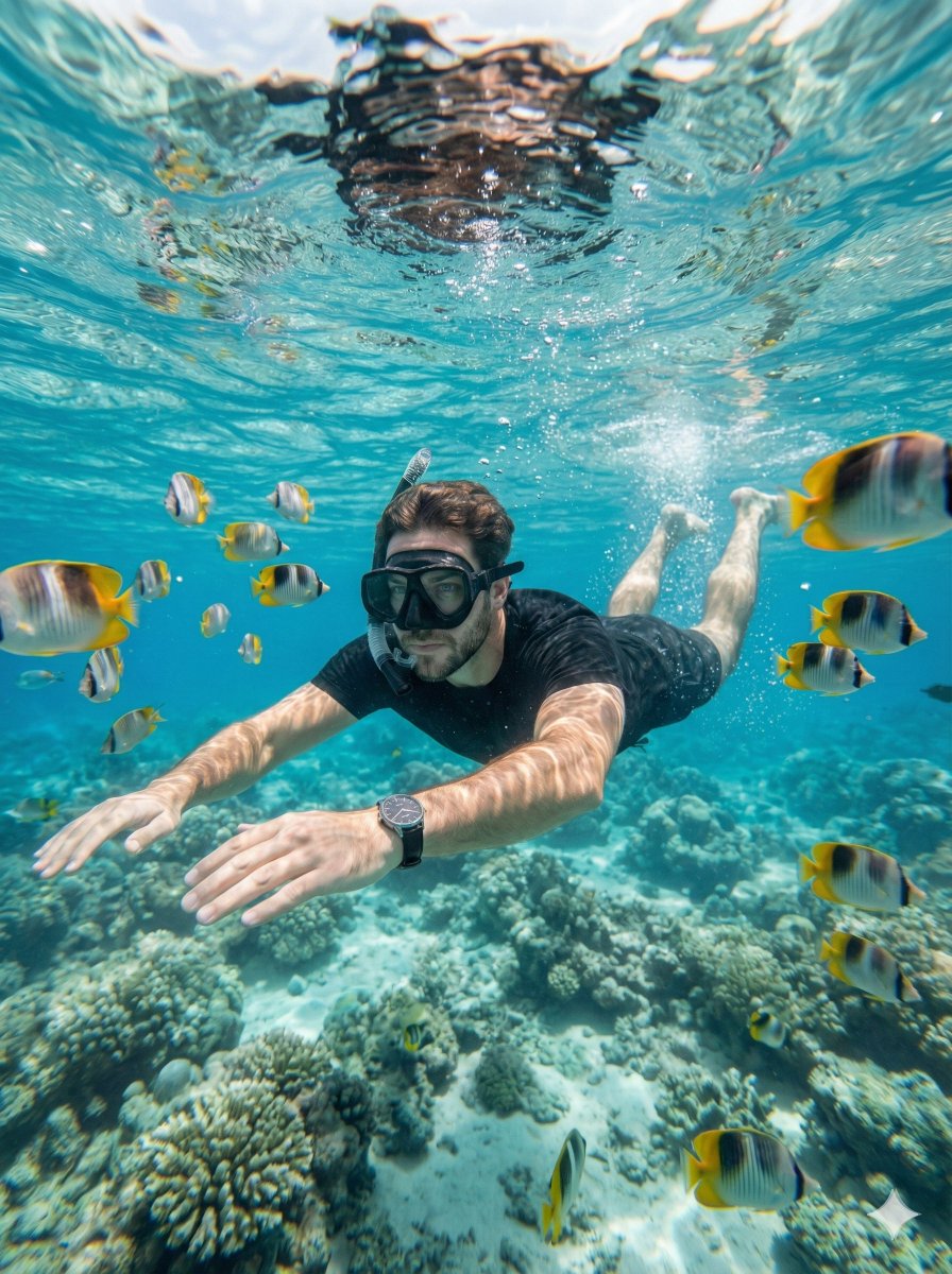 Underwater Serenity: AI Image to Video of Snorkeler with Tropical Fish